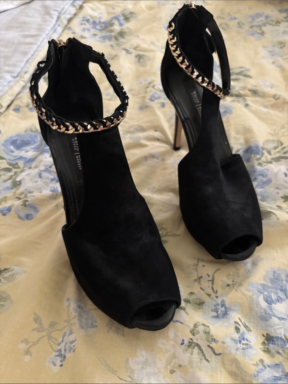Black Suede Peep-Toe Stiletto Heels with Gold Chain Ankle Strap
